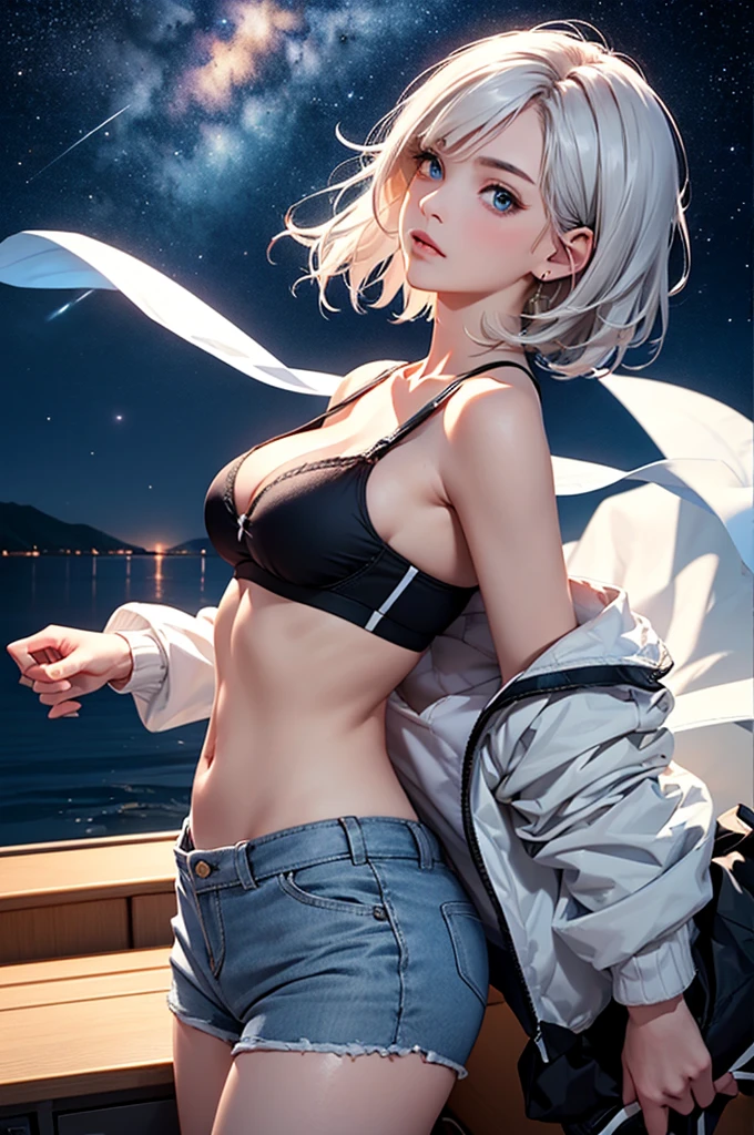 (masterpiece:1.5, Highest quality, Very detailed、 Dutch Angle、Realistic、2.5D、Realistic)(One Girl, Sports Girl)(Silver Hair:1.6,,short hair)(Sports Bra、Jacket:1.5、Shorts、tightedium breasts, Beautiful cleavage,underboob))(from backside),(Beautiful starry sky、Mystical Night、Particles of light float around the woman、Fantastic space、Ocean、On the boat)
