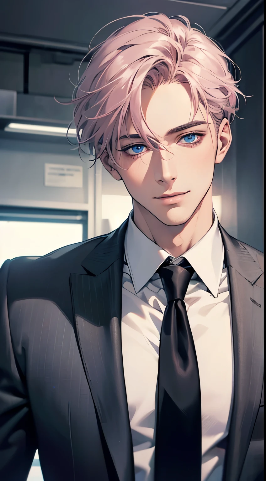 (Highest quality,4K,8K,High resolution,masterpiece:1.2),Super detailed,(Realistic,photoRealistic,photo-Realistic:1.37),1 person,31 years old,Mature Men,Beautiful skin、Profile、very handsome,Expressionless,smile,Short gray pink hair,blue eyes,Sharp Eyes,A perfect face without a doubt,Businessman,Office Background,Cinema Lighting,HDR image,tie、