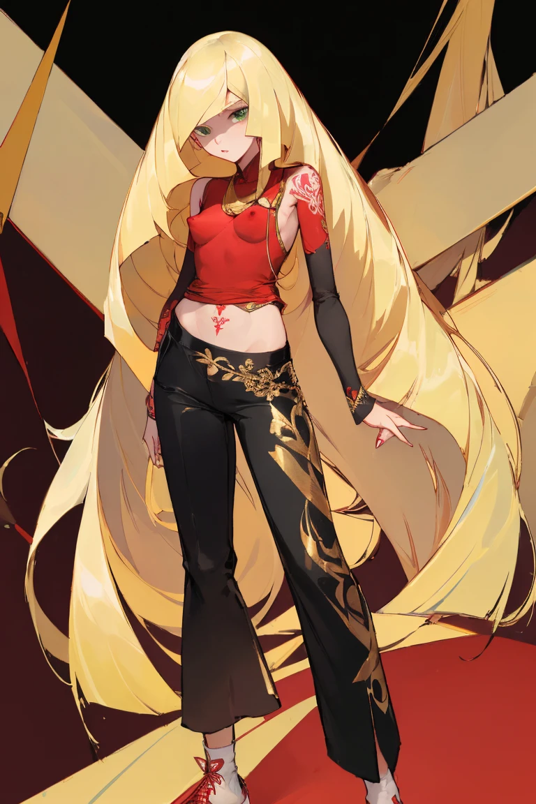 ((Highest quality)), ((masterpiece)), (Familiar), Lusamine,nsfw,Tattoo of the uterus,thin,Long blonde hair,Small breasts,Small breasts,????? nipples,Adult female,Green Eyes,Slanted Eyes,Red Shirt,No sleeve,Gold embroidery,shoes,Fascinating,Black pants