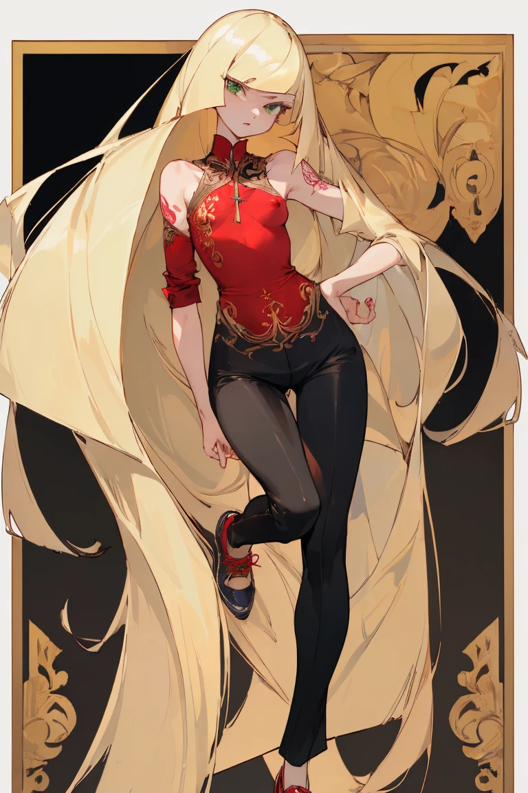 ((Highest quality)), ((masterpiece)), (Familiar), Lusamine,nsfw,Tattoo of the uterus,thin,Long blonde hair,Small breasts,Small breasts,Erect nipples,Adult female,Green Eyes,Slanted Eyes,Red Shirt,No sleeve,Gold embroidery,shoes,Fascinating,Black pants