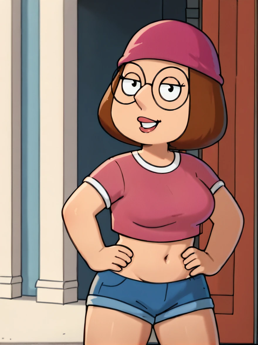 meg, brown hair, 1girl, glasses, solo, short hair, flat color, blue short shorts, beanie, pink crop-top,standing, hand on own hip, looking at viewer, smile, extra large breasts,