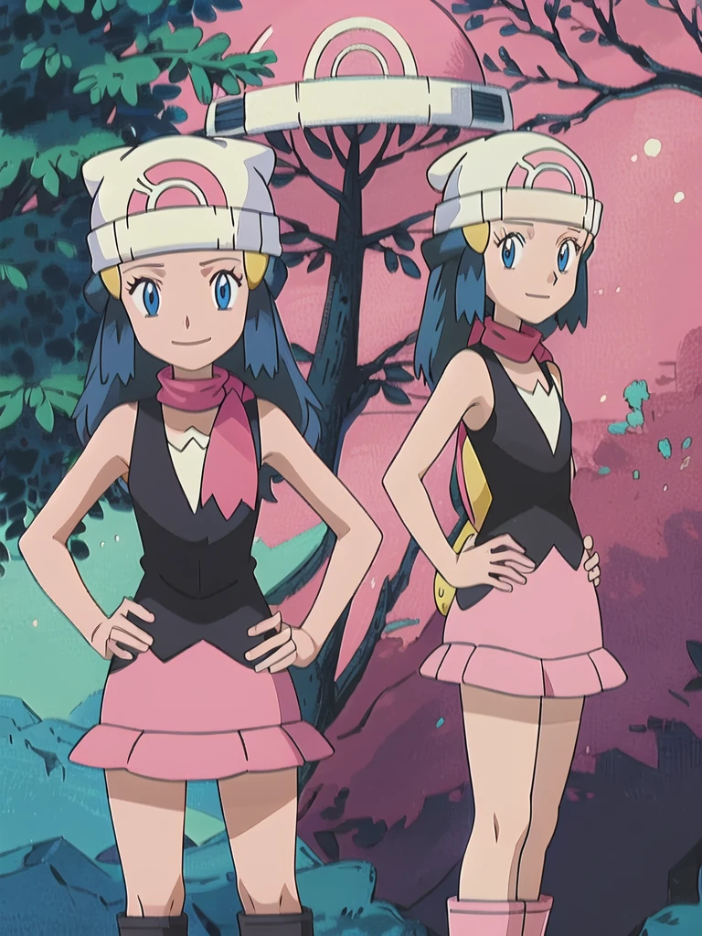 masterpiece, best quality, 1girl, dawn \(pokemon\), beanie, long hair, blue hair, blue eyes, black sleeveless shirt, pink scarf, pink skirt, pink boots, hands on hips, smile, looking at viewer, forest background