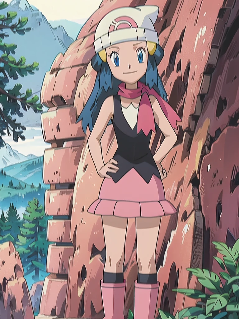 masterpiece, best quality, 1girl, dawn \(pokemon\), beanie, long hair, blue hair, blue eyes, black sleeveless shirt, pink scarf, pink skirt, pink boots, hands on hips, smile, looking at viewer, forest background