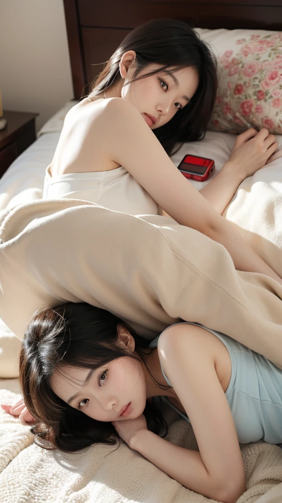 A woman is kidnapped and lying on a bed、(((Sleeping on your stomach、hands tied behind the back、shibari)))、Beauty、20-year-old、university student、Wearing a shirt、Wearing a skirt、Anatomically correct body、whole body、, light brown hair, crossed bangs, straight hair, expressive hair, shiny hair, closed eyes, sad, Surrealism, Verism, cinematic lighting, first-person view, from behind, Nikon, UHD, highres, 8k