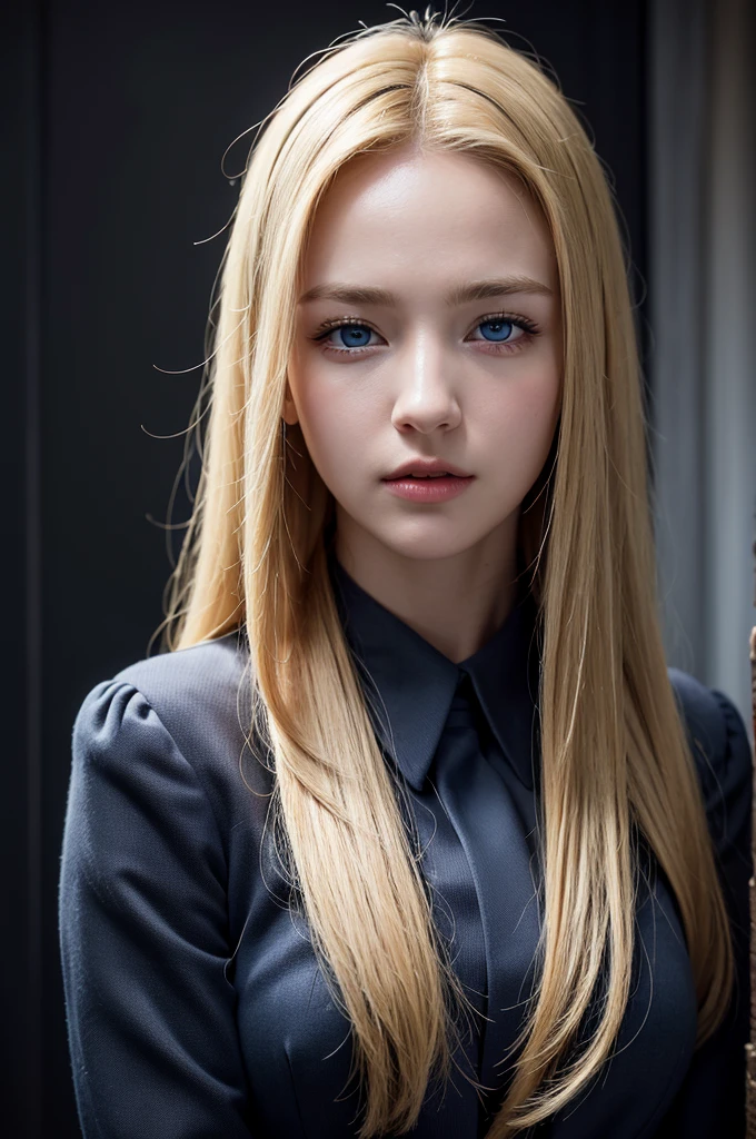 best quality, Masterpiece, Ultra high resolution, (realistic:1.4), raw image, 1 girl, blonde hair, blue eyes, Detailed eyes and face, black suit, dynamic light, in the dark, deep shadow, low voice, Full cowboy shot