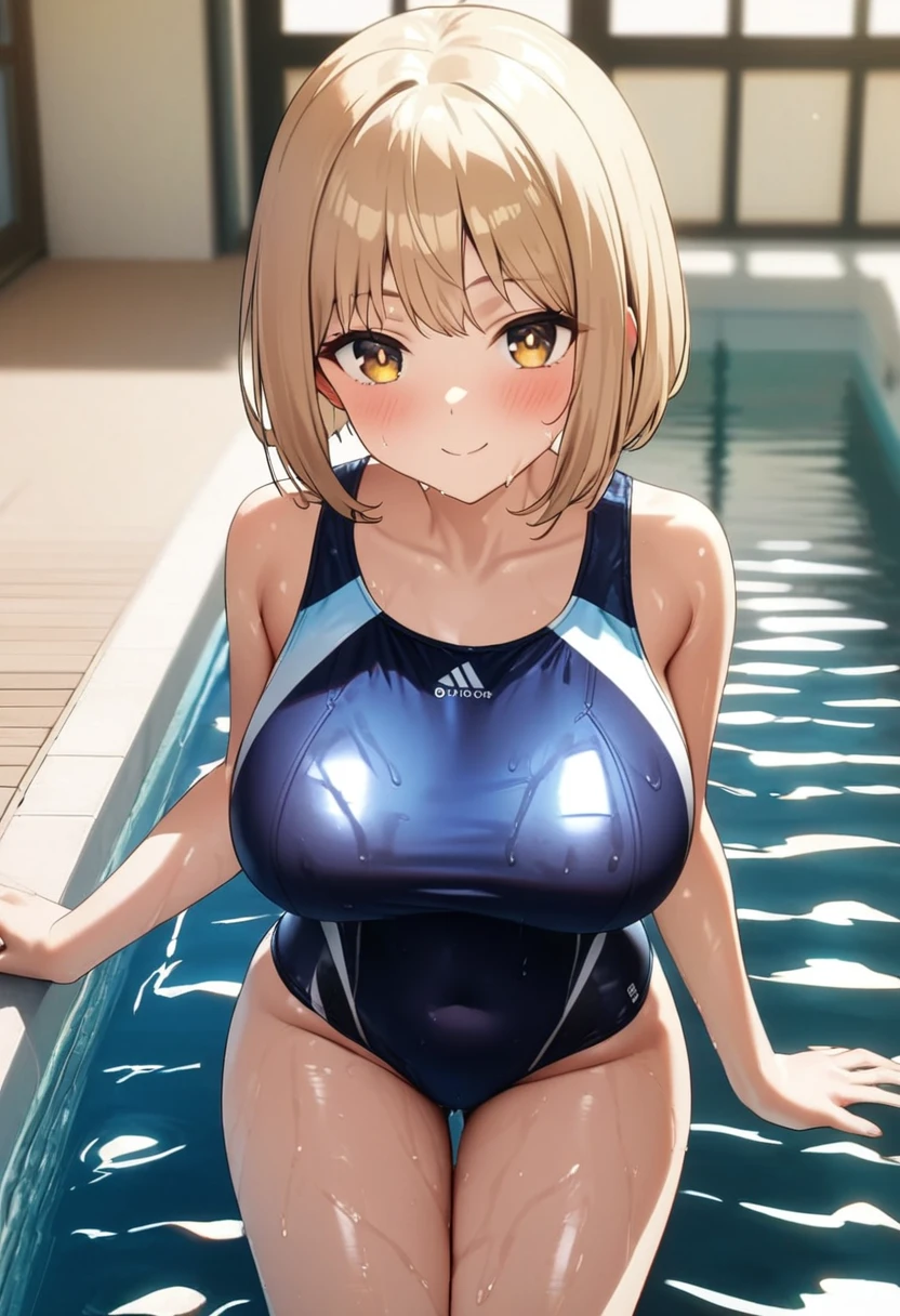 1 girl, solo, tall girl, beige hair,short beige hair, straight short hair, gold eyes, (blue school swimsuit:1.2), (Full Breasts), High Height, masterpiece, from front, cowboy shot, high resolution, shiny, full body, beautiful, A cute smile that makes the viewer happy, highly detailed beautiful face and eyes, looking at viewer,blue school swim wear,,in poolside,Wet Dress Competition Swimwear, (Competition Swimsuit Slip), (School swim wear), (wetted skin,Wet face:1.2), (The 8k quality,),(Image Mode Ultra HD),
