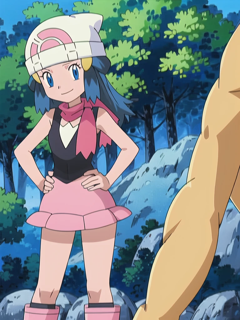 masterpiece, best quality, 1girl, dawn \(pokemon\), beanie, long hair, blue hair, blue eyes, black sleeveless shirt, pink scarf, pink skirt, pink boots, hands on hips, smile, looking at viewer, forest background 