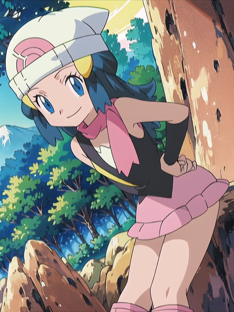 masterpiece, best quality, 1girl, dawn \(pokemon\), beanie, long hair, blue hair, blue eyes, black sleeveless shirt, pink scarf, pink skirt, pink boots, hands on hips, smile, looking at viewer, forest background 