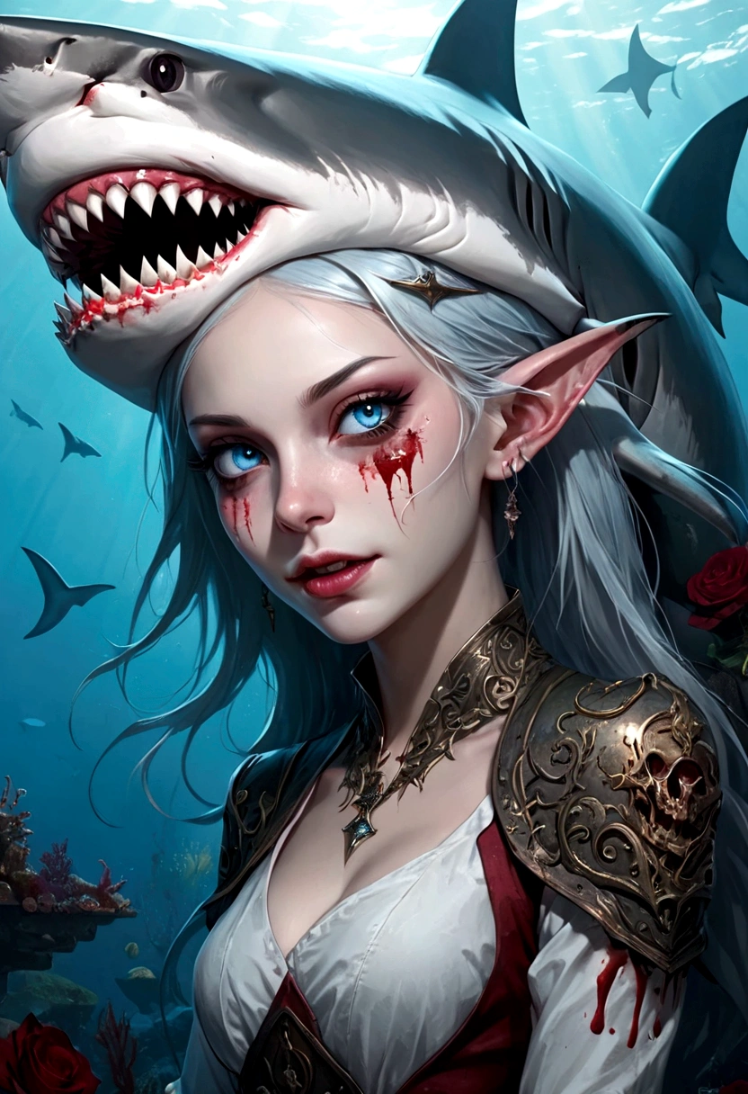 Fantasy Undersea，(((Shark Elf Girl)))，blue eyes，Baldhead，Sharp Fangs，Shark fin feature on back，look back,Blood stains at the corners of mouth，fierce，close up，Gothic Art，dark wind，Dilapidated cabin of a sunken ship，Zombie style，Alternative，Hand holding human skull
