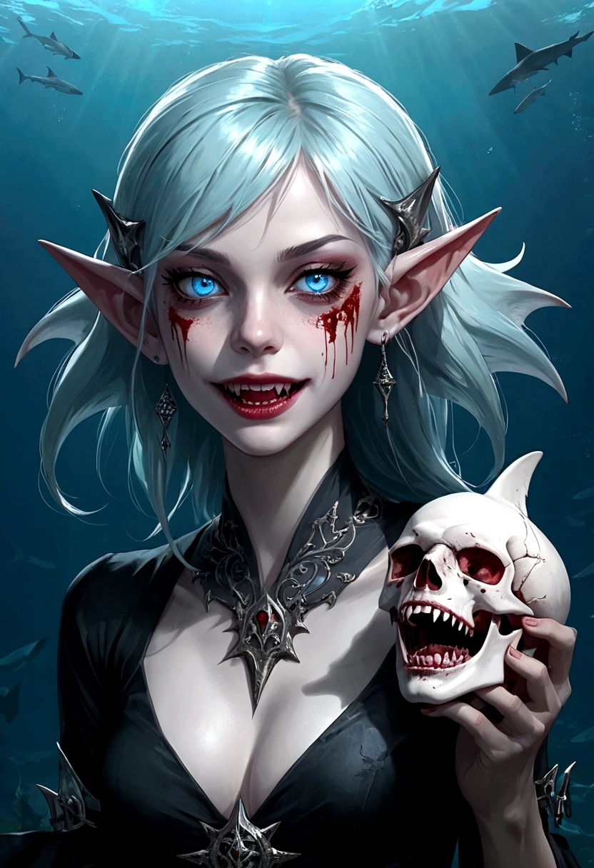 Fantasy Undersea，(((Shark Elf Girl)))，blue eyes，Baldhead，Sharp Fangs，Shark fin feature on back，look back,Blood stains at the corners of mouth，fierce，close up，Gothic Art，dark wind，Dilapidated cabin of a sunken ship，Zombie style，Alternative，Hand holding human skull
