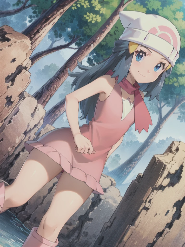 masterpiece, best quality, 1girl, dawn \(pokemon\), beanie, long hair, blue hair, blue eyes, black sleeveless shirt, pink scarf, pink skirt, pink boots, hands on hips, smile, looking at viewer, forest background 