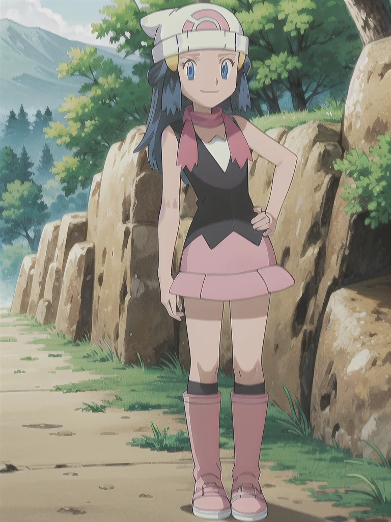 masterpiece, best quality, 1girl, dawn \(pokemon\), beanie, long hair, blue hair, blue eyes, black sleeveless shirt, pink scarf, pink skirt, pink boots, hands on hips, smile, looking at viewer, forest background 