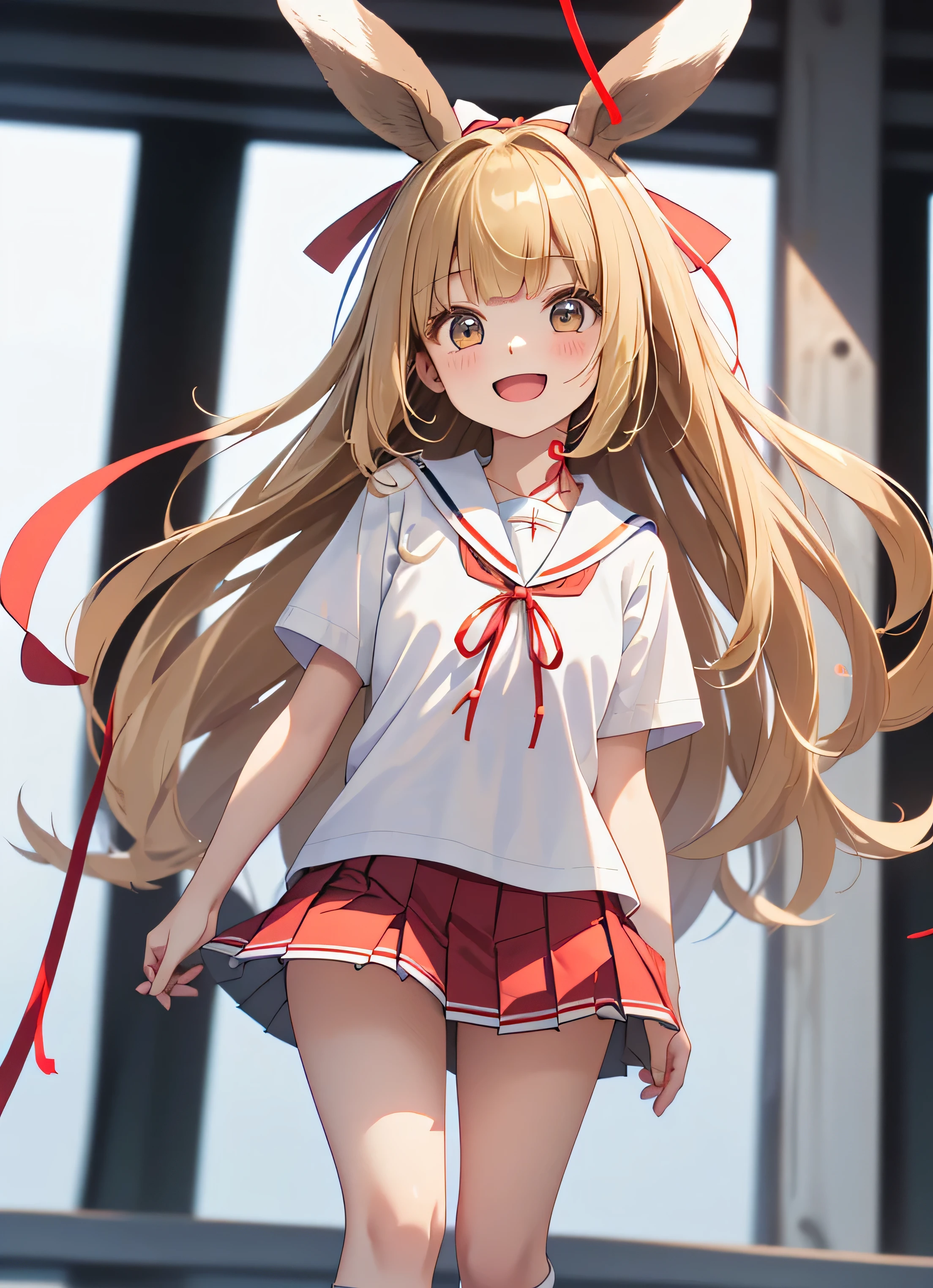 ((absurdres)), hd, uhd, (((HDR))), ((best quality)), (ultra high quality), (hi-res), ((1girl)), solo, alone, brown eyes, dirty blonde hair, hair to shoulders, animal ears, (((dirty blonde drooping floppy rabbit ears))), straight bangs, even bangs, (((white shirt with white sailor collar))), white shirt, {colored shirt colar}, short sleeves, (((thin red string bow))), (((pleated red mini skirt))), red skirt, red mini skirt, {blue skirt, white skirt, gray skirt}, (((knee high white socks))), ((black converse)), (cat mouth), excited expression, standing