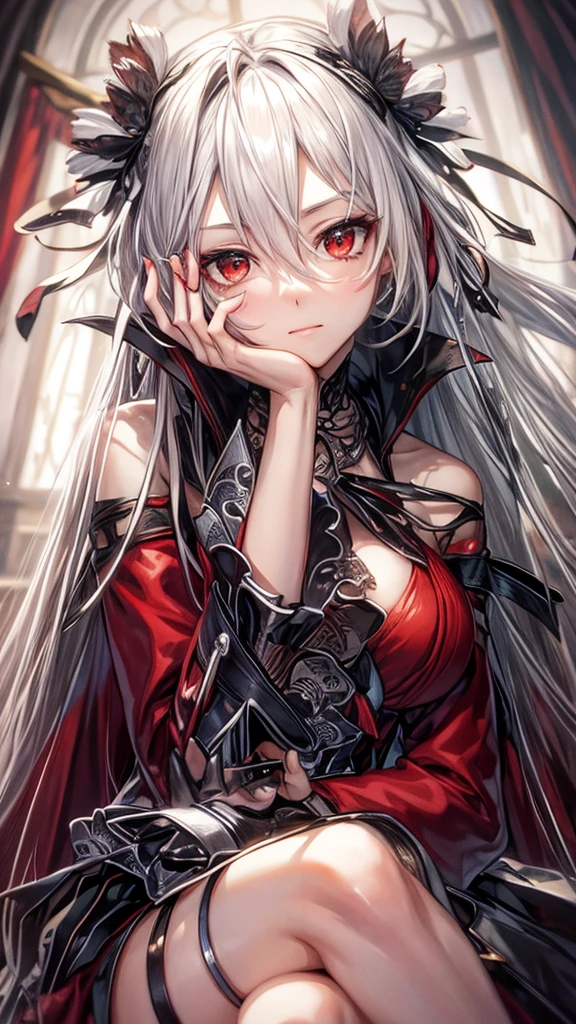 A young woman with long, flowing silver hair and piercing red eyes sits with her chin resting on her hand, gazing thoughtfully at the viewer. She is dressed in a red and black outfit with intricate details and a touch of lace, giving her a sophisticated and mysterious air. The lighting is warm and soft, highlighting her features and creating a sense of intimacy.

[Anime style, detailed and realistic, inspired by the works of Mihoyo and Pixiv artists], [soft lighting, warm colors, smooth textures, slight blur effect on the background, shallow depth of field]