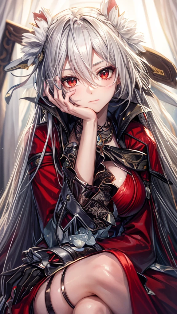 A young woman with long, flowing silver hair and piercing red eyes sits with her chin resting on her hand, gazing thoughtfully at the viewer. She is dressed in a red and black outfit with intricate details and a touch of lace, giving her a sophisticated and mysterious air. The lighting is warm and soft, highlighting her features and creating a sense of intimacy.

[Anime style, detailed and realistic, inspired by the works of Mihoyo and Pixiv artists], [soft lighting, warm colors, smooth textures, slight blur effect on the background, shallow depth of field]