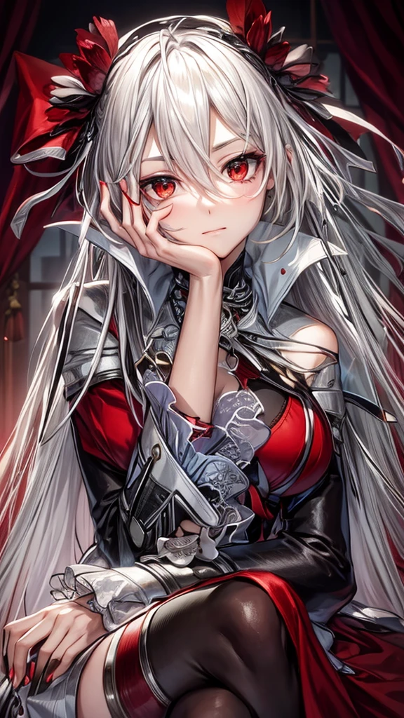 A young woman with long, flowing silver hair and piercing red eyes sits with her chin resting on her hand, gazing thoughtfully at the viewer. She is dressed in a red and black outfit with intricate details and a touch of lace, giving her a sophisticated and mysterious air. The lighting is warm and soft, highlighting her features and creating a sense of intimacy.

[Anime style, detailed and realistic, inspired by the works of Mihoyo and Pixiv artists], [soft lighting, warm colors, smooth textures, slight blur effect on the background, shallow depth of field]