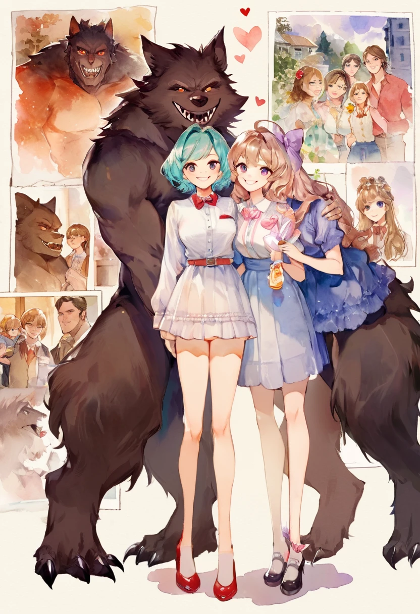 cover page, highres, top quality, best quality, paid reward available, unparalleled masterpiece, perfect artwork, absurdres, High-quality illustrations, watercolor, soft color, Vintage images, highres, unparalleled masterpiece, absurdres, love story of human girl and giant Werewolf, love romance, family photograph, pair, Height difference, Physical difference, perfect anatomy, smile, joyful, play with, smile, happy, watercolor,