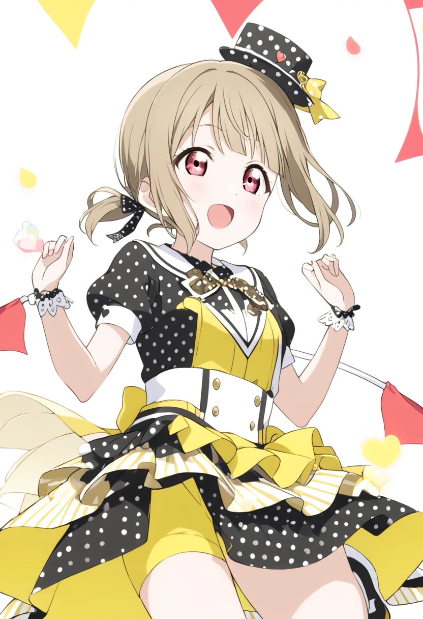 Kasumi Nakasu　lovelive　Yellow-brown hair　Very Short Hair　Short Bob　Straight Hair　Red Eye　Half Up　ponytail　Poppin'Up!　Yellow and black costume　Black and white polka dots　hat　Jump　Heart with both hands