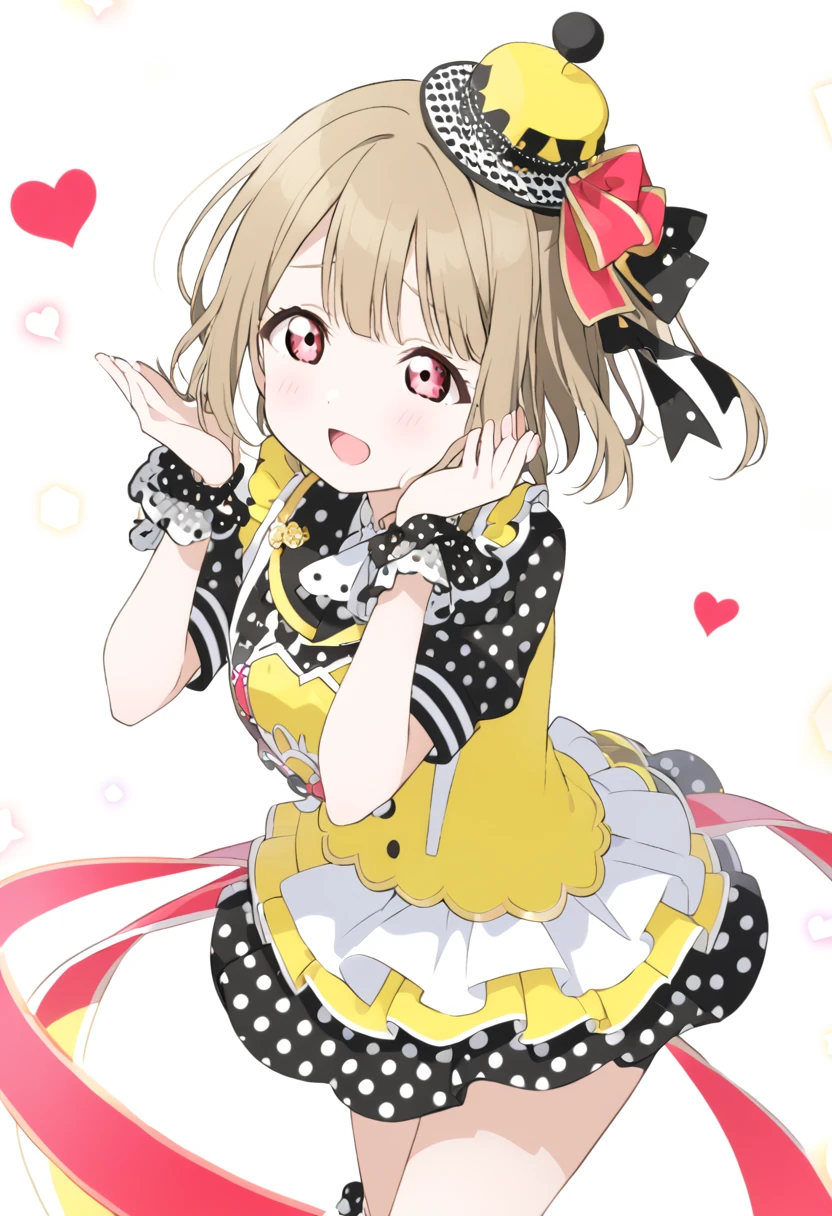 Kasumi Nakasu　lovelive　Yellow-brown hair　Very Short Hair　Short Bob　Straight Hair　Red Eye　Half Up　ponytail　Poppin'Up!　Yellow and black costume　Black and white polka dots　hat　Jump　Heart with both hands