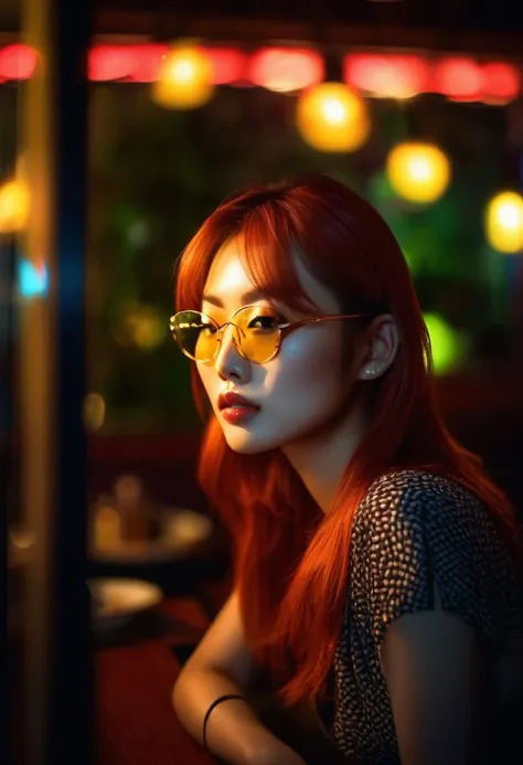 beautiful asian redhead sitting in a restaurant at night, from the window you can see, perfect face, sunglasses, neon black, (ba...