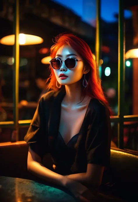 beautiful asian redhead sitting in a restaurant at night, from the window you can see, perfect face, sunglasses, neon black, (ba...