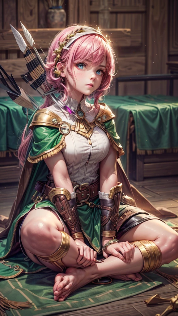 a girl with pink hair in bangs, square cut, determined facial expression, big blue eyes, arrow holder on her back, wearing a green short sleeveless dress, green cape, bare feet, big leather belt, arrows on the ground, bow pose on the floor, sitting on the floor, looking at the camera, highly realistic, Clash Royale character, best quality, best lighting, dynamic point of view