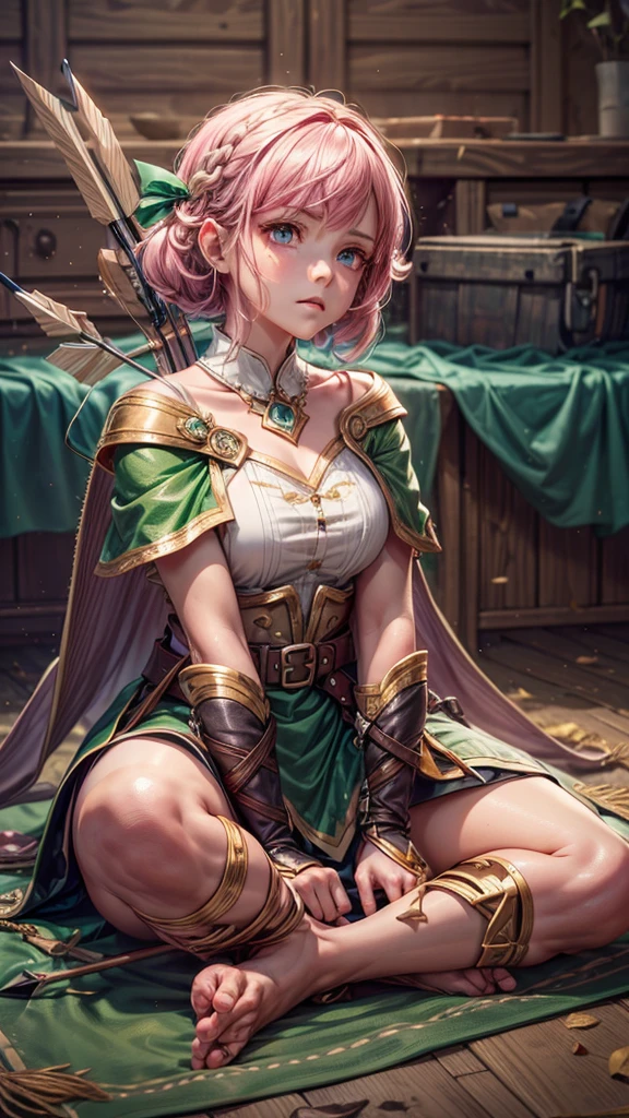 a girl with pink hair in bangs, square cut, determined facial expression, big blue eyes, arrow holder on her back, wearing a green short sleeveless dress, green cape, bare feet, big leather belt, arrows on the ground, bow pose on the floor, sitting on the floor, looking at the camera, highly realistic, Clash Royale character, best quality, best lighting, dynamic point of view