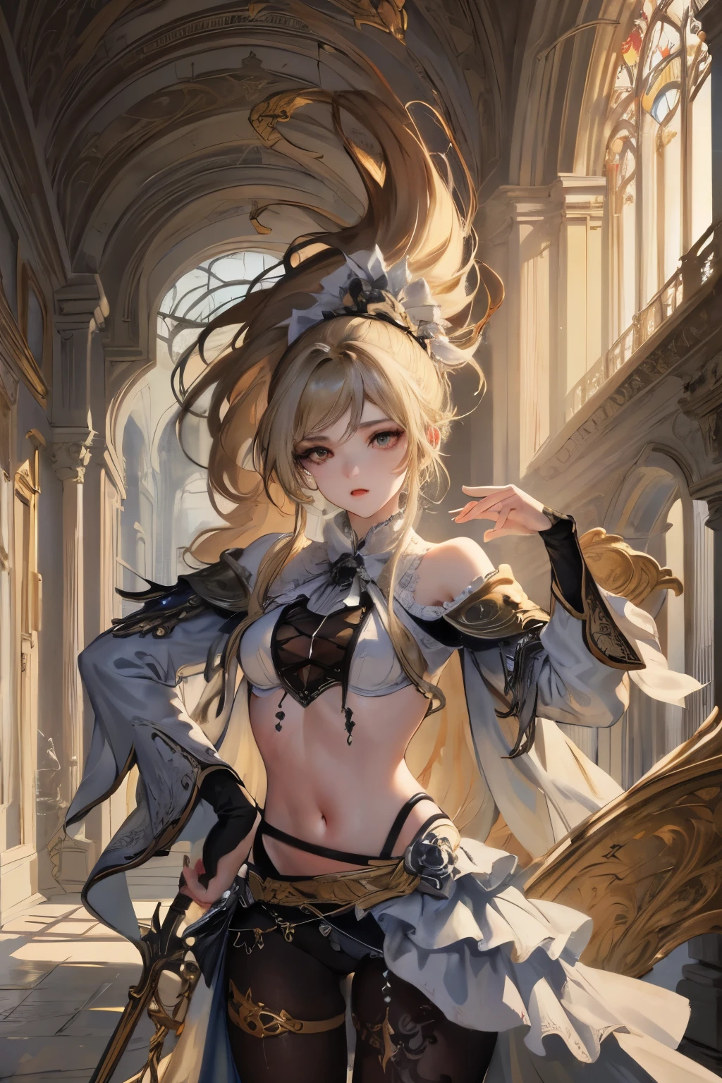 ((Finest quality)),(超A high resolution),(ultra-detailliert),(Meticulous portrayal),((Best Anime)),(Finest works of art),(Ultra-Precision Art),(The art of astounding depiction,Overwhelming depiction:1.5),(intricate and detailed art:1.6), NSFW, small breasts, prominent collarbones, skinny arms, flat stomach, visible hip bones, long hair, red hair, white hair, blonde hair, dark hair, ponytail, thick ponytail, heavy ponytail, red and white clothing, Bloodborne inspired, occult aesthetic, occult, detailed and intricate steampunk and detailed gothic, NSFW Fluttering lace frilly petticoats, pleated petticoats