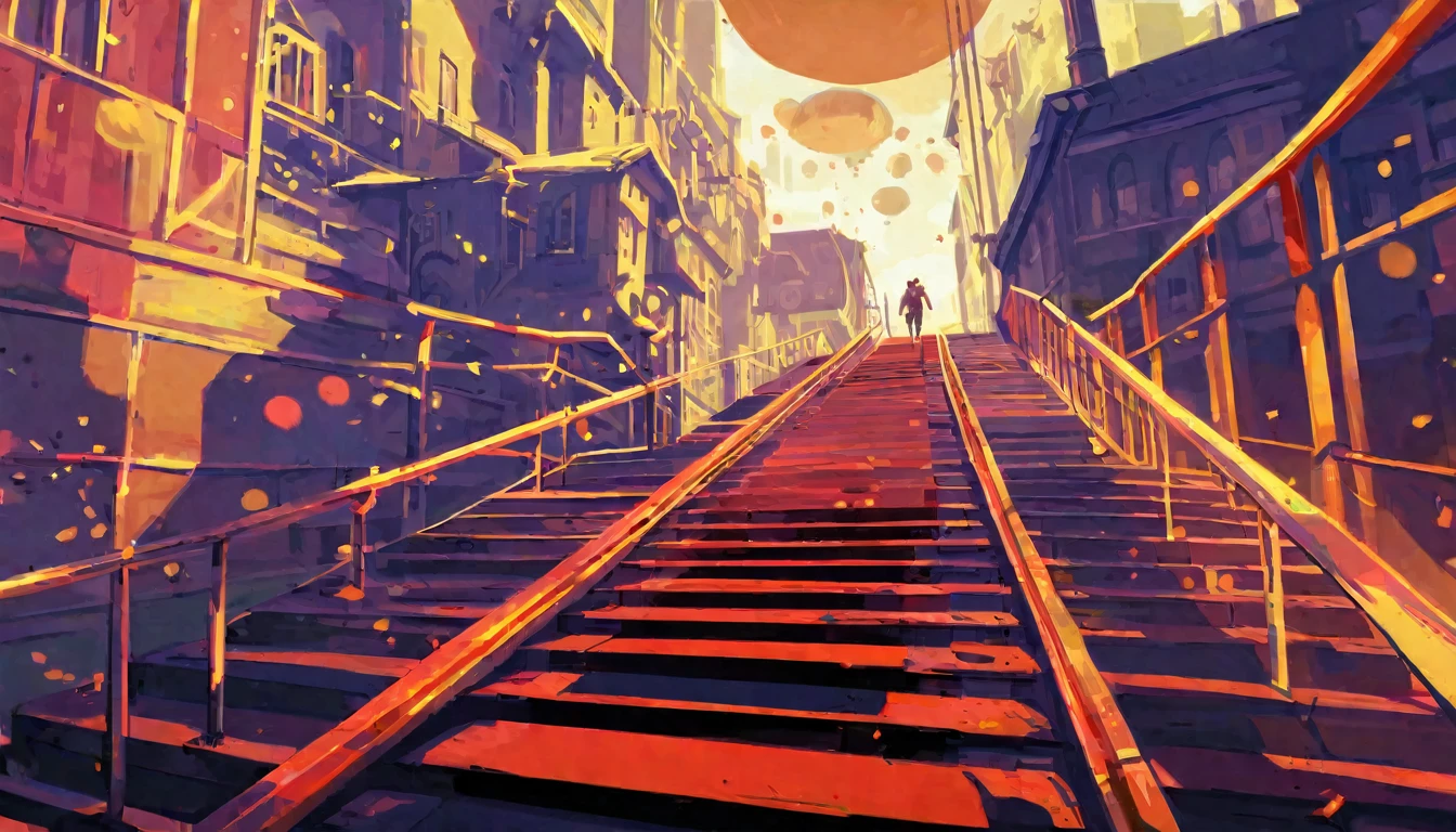score_9, score_8_up, score_7_up, score_6_up, best aesthetic, Arcane, a person walking down a stairway, long shot, concept art, city in background, great use of color theory, red and yellow colors, particles flying, sunny
