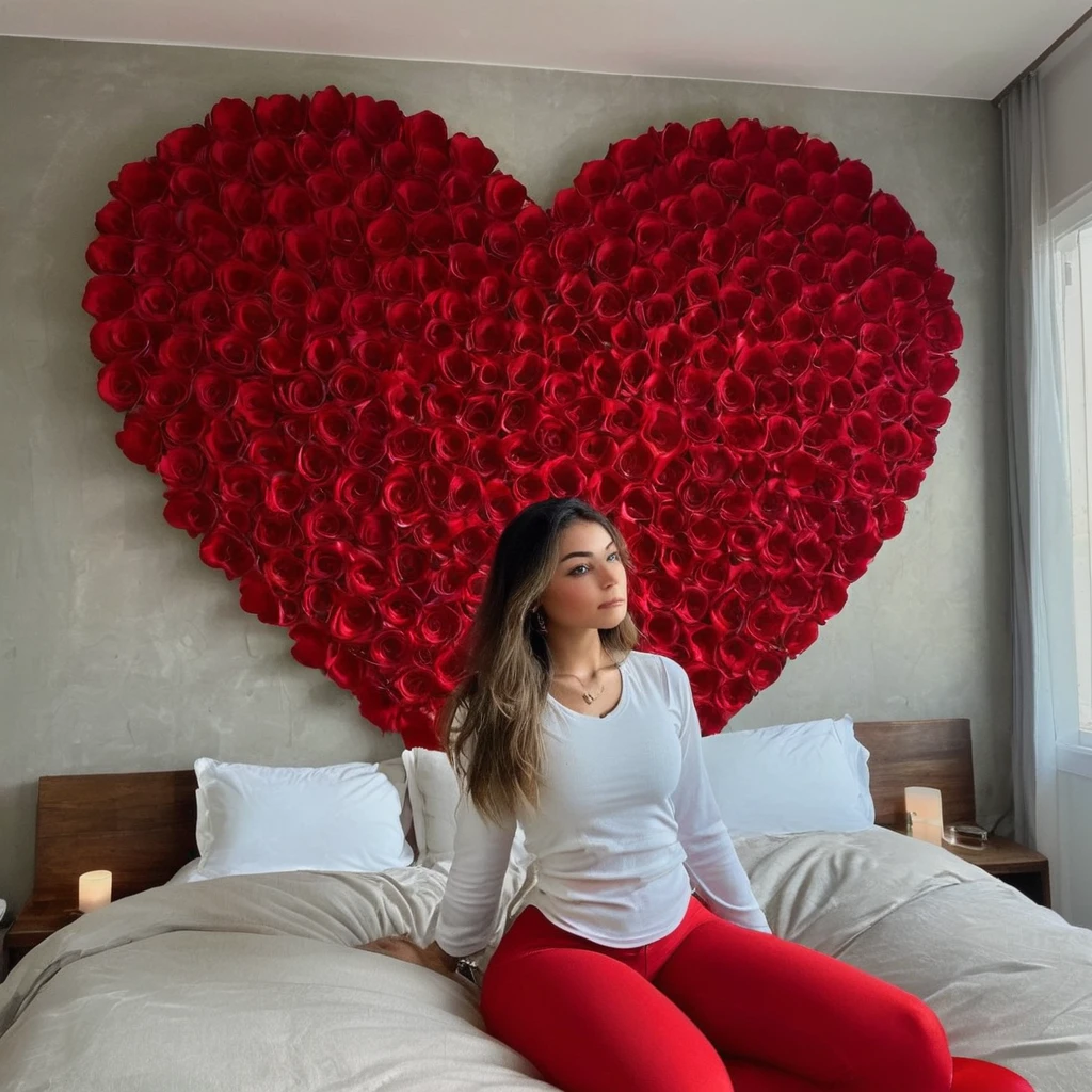 es petales rouge en forme de coeur sur un lit avec au milieu la femme magnifique avec un corp réaliste