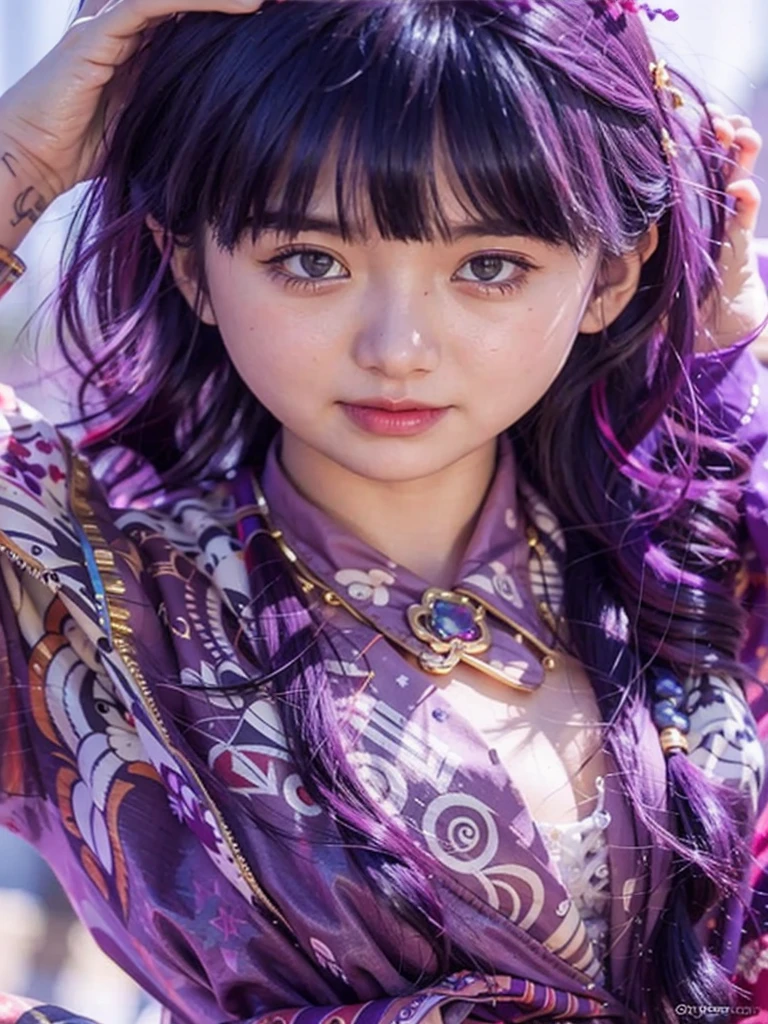 Nsfw, (raw photo:1.2),((photorealistic:1.4))best quality ,masterpiece, illustration, an extremely delicate and beautiful, extremely detailed ,CG ,unity ,8k wallpaper, finely detail, best quality,extremely detailed CG unity 8k wallpaper,absurdres, incredibly absurdres, huge filesize, ultra-detailed, highres, extremely detailed,beautiful detailed girl, extremely detailed eyes and face, beautiful detailed eyes,light on face,cinematic lighting,1girl, blunt bangs, braid, wide sleeves, hair ornament, , (purple hair:1.2), very long hair, straight hair, looking at viewer, highly detailed background, (photo realistic:1.2), detailed eyes, red eyeshadow, depth of field, symmetry eyes,