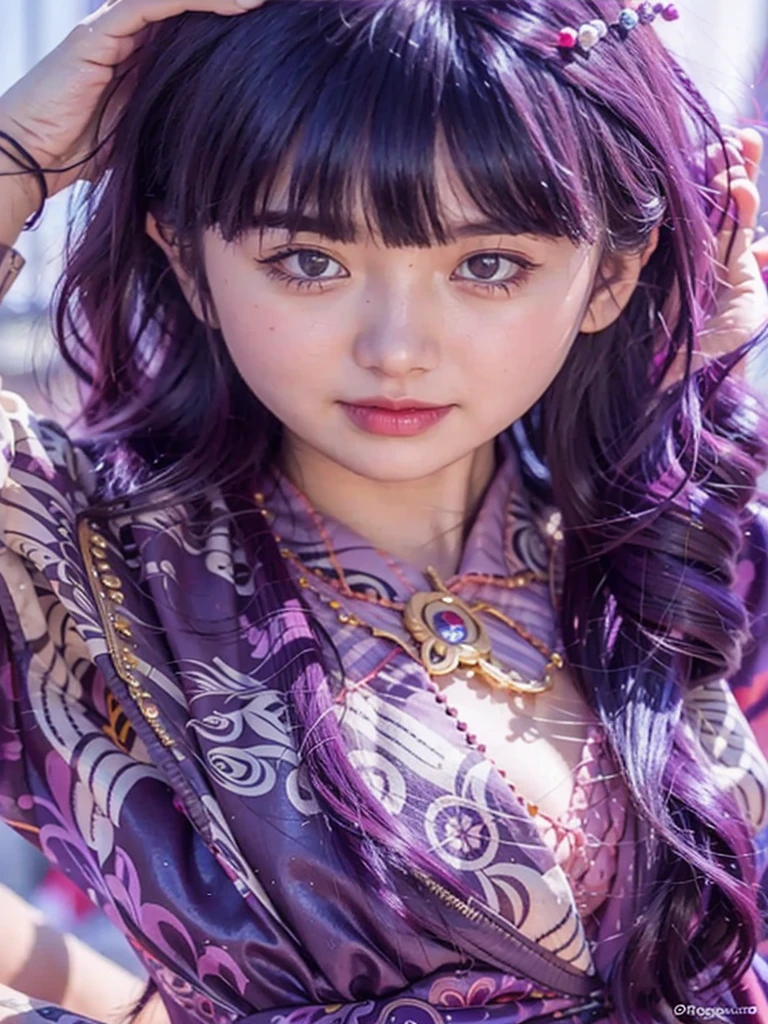 Nsfw, (raw photo:1.2),((photorealistic:1.4))best quality ,masterpiece, illustration, an extremely delicate and beautiful, extremely detailed ,CG ,unity ,8k wallpaper, finely detail, best quality,extremely detailed CG unity 8k wallpaper,absurdres, incredibly absurdres, huge filesize, ultra-detailed, highres, extremely detailed,beautiful detailed girl, extremely detailed eyes and face, beautiful detailed eyes,light on face,cinematic lighting,1girl, blunt bangs, braid, wide sleeves, hair ornament, , (purple hair:1.2), very long hair, straight hair, looking at viewer, highly detailed background, (photo realistic:1.2), detailed eyes, red eyeshadow, depth of field, symmetry eyes,