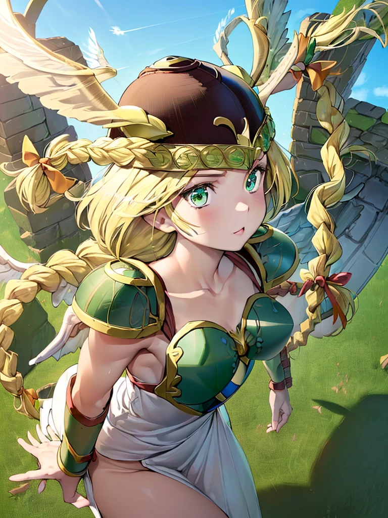 masterpiece,best quality, 1girl, 18yo, beautiful girl,BREAK,(Armor:1.8),(Helmet with wings:1.7),(Beautiful blonde,braid,Green Eyes:1.5),(blue sky:1.4),(She flies in the sky:1.5)