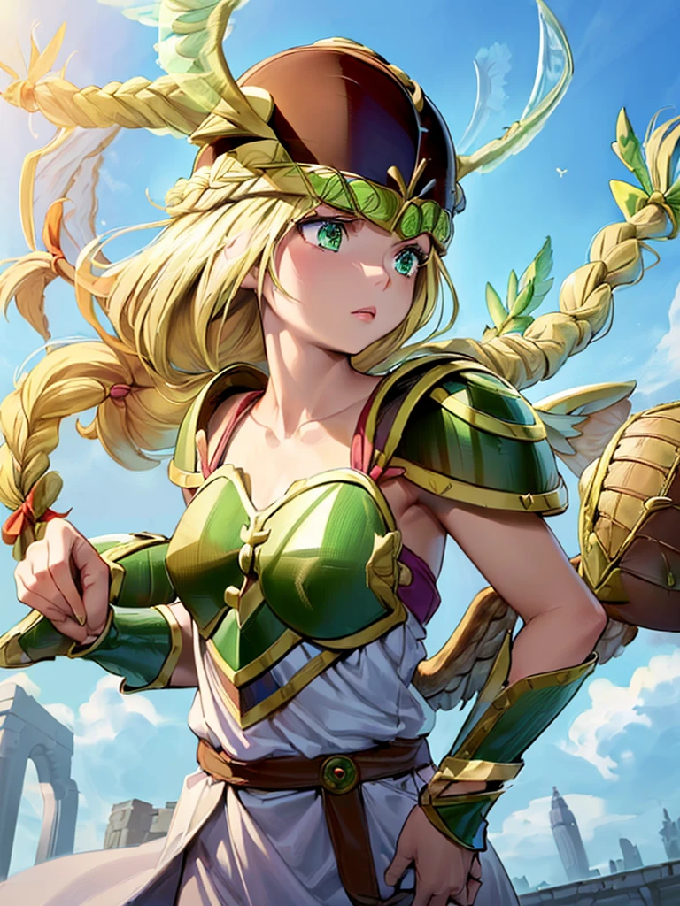 masterpiece,best quality, 1girl, 18yo, beautiful girl,BREAK,(Armor:1.8),(Helmet with wings:1.7),(Beautiful blonde,braid,Green Eyes:1.5),(blue sky:1.4),(She flies in the sky:1.5)