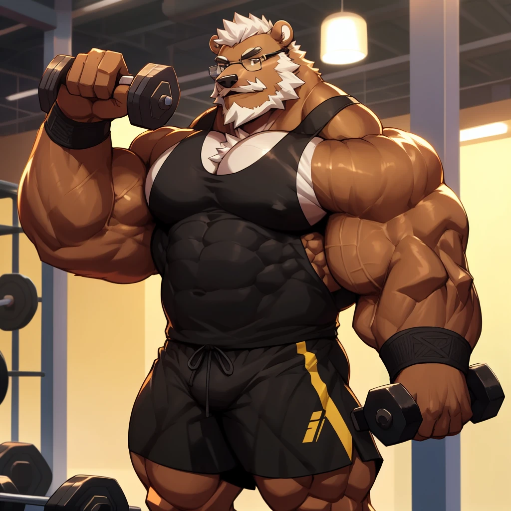 solo, 1boy, Huge Muscular Old Grizzly Bear wearing glasses, correct anatomy, steroid, pectoral, huge pectoral, wide pectoral, short white hair, black gym short pants, black wristbands and black black tank top , bearded, Mustache, golden gym background, masterpiece, high detailed, 8k, high resolution, at the gym, lifting two dumbbells 