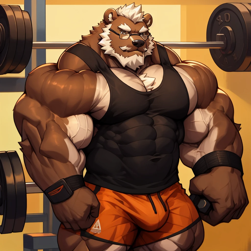 solo, 1boy, Huge Muscular Old Grizzly Bear wearing glasses, correct anatomy, steroid, pectoral, huge pectoral, wide pectoral, short white hair, black gym short pants, black wristbands and black black tank top , bearded, Mustache, golden gym background, masterpiece, high detailed, 8k, high resolution, at the gym, lifting two dumbbells