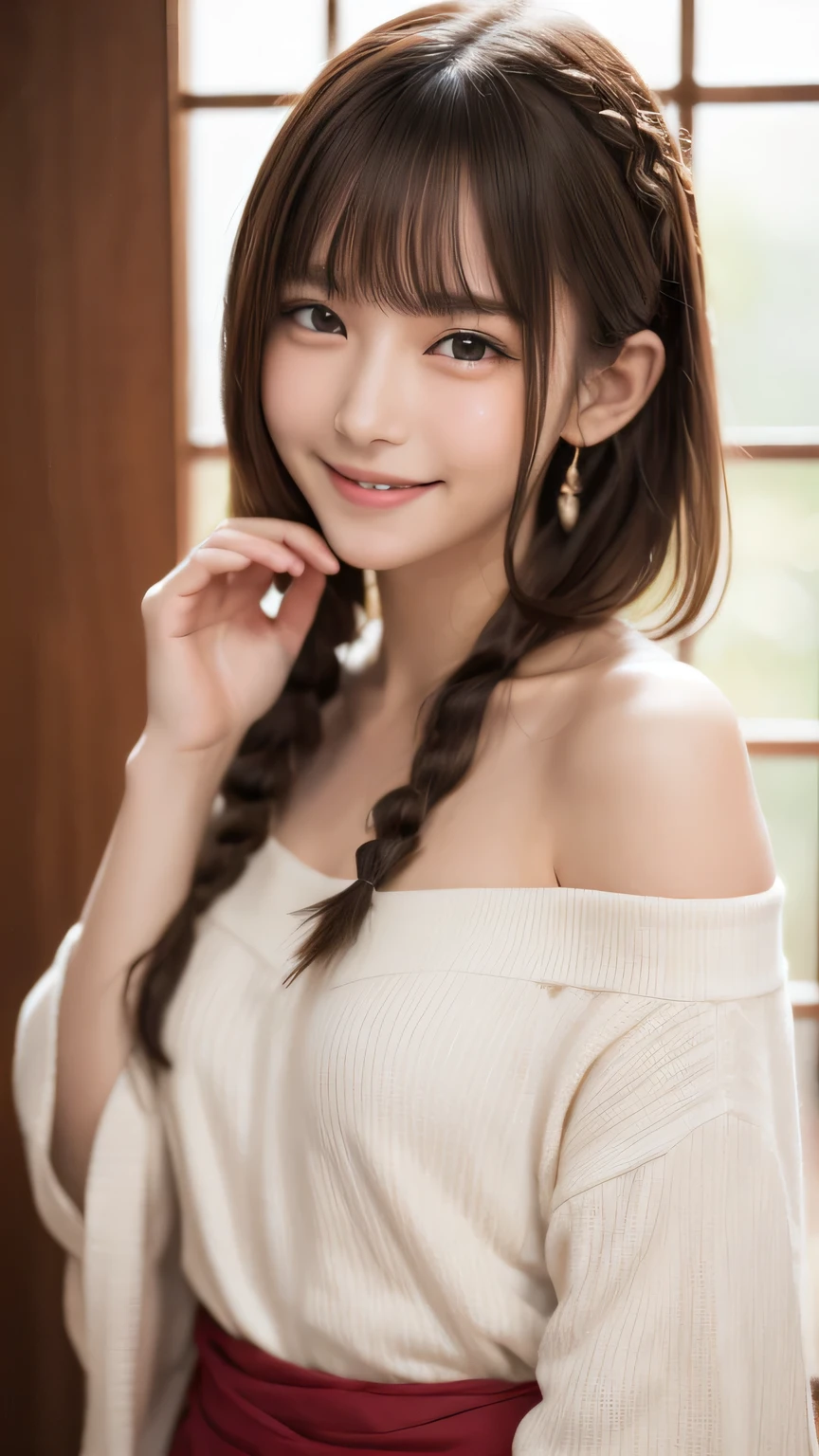 Best picture quality (8K, high resolution, Masterpiece: 1.2), super detailed, 215 Short Hair,Three braids long hair, 16-year-old woman,
A slender female samurai is brandishing a Japanese sword:1.1, beautifully、aesthetic:1.2, Cute and sexy beauty, Perfect Style, Wear an exquisite ring, fire, water, Wind, thunder, ice, Fair skin, Very beautiful face, (Medium Chest, Chest gap), (Embarrassed smile, Her facial expression when she felt intense caressing, Facial expressions when feeling happy), (Wear Sexy Sengoku:1.1, Off the shoulder)
, random cute pose ,big eyes ,Puffy eyes , Heart Pupil, blush , huge shy smile , salute