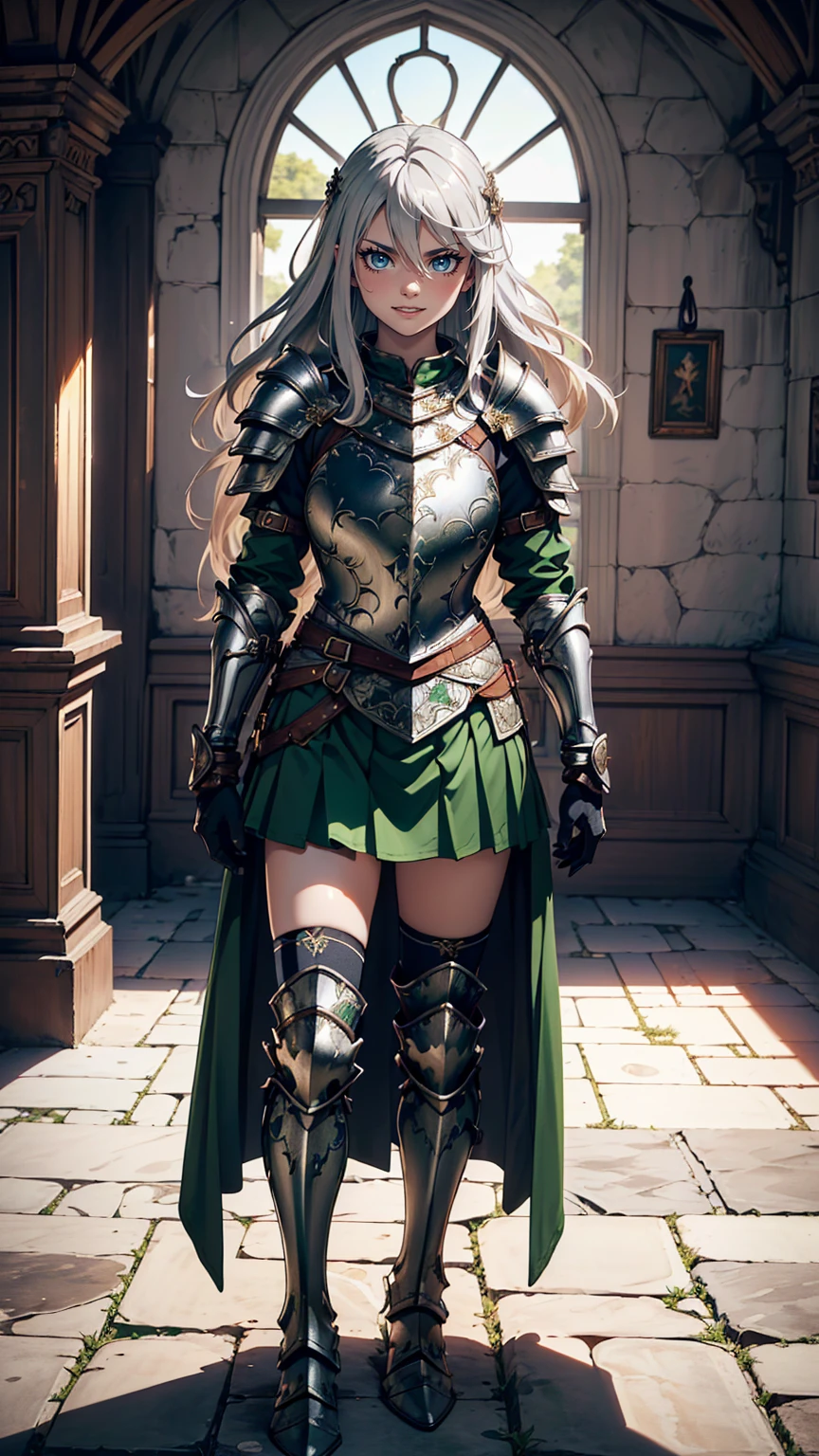 最high quality、Ultra High Definition, Ultra High Quality, Hyper Definition, Hyper Quality, Hyper Detailed, Extremely Detailed, Perfectly Detailed, Best image quality、masterpiece、anime woman((20-year-old、super dynamic pose , Green solid eyes, Silver long Hair、Disheveled Hair、Long White Hair,  Glove、Green Skirt, Noble Armor, Smirk, cheerful expression, Detailed Cuirass , Dressed in Full Coverage Noble Plate Armor, leg armor)),high quality、Beautiful art、background((Inside the mansion))、Written boundary depth、  movie、Visual Arts、Perfect art、8K,Genuine、
