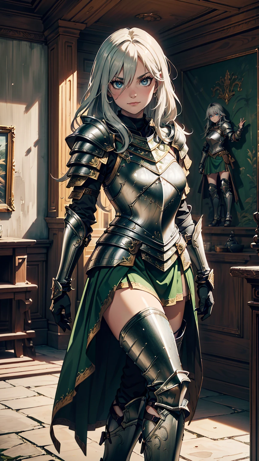 最high quality、Ultra High Definition, Ultra High Quality, Hyper Definition, Hyper Quality, Hyper Detailed, Extremely Detailed, Perfectly Detailed, Best image quality、masterpiece、anime woman((20-year-old、super dynamic pose , Green solid eyes, Silver long Hair、Disheveled Hair、Long White Hair, Glove、Green Skirt, Noble Armor, Smirk, cheerful expression, Detailed Cuirass , Dressed in Full Coverage Noble Plate Armor, leg armor)),high quality、Beautiful art、background((Inside the mansion))、Written boundary depth、 movie、Visual Arts、Perfect art、8K,Genuine、