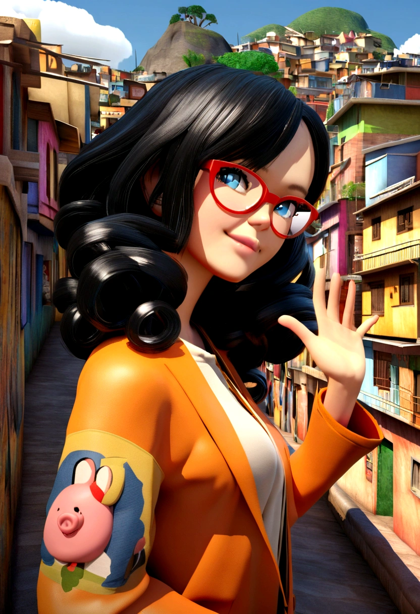 Like a Picture of a Pig Style Movie Poster/Disney, in 3d, Title "Thunder!" And the Disney symbol. TWO white girls with shoulder-length curly black hair, your eyes are black, Her skin color is light, She wears prescription glasses, malicious smile, She's got shock coming out of her hand, She is dressed in an orange jumpsuit. Behind her there is a favela.