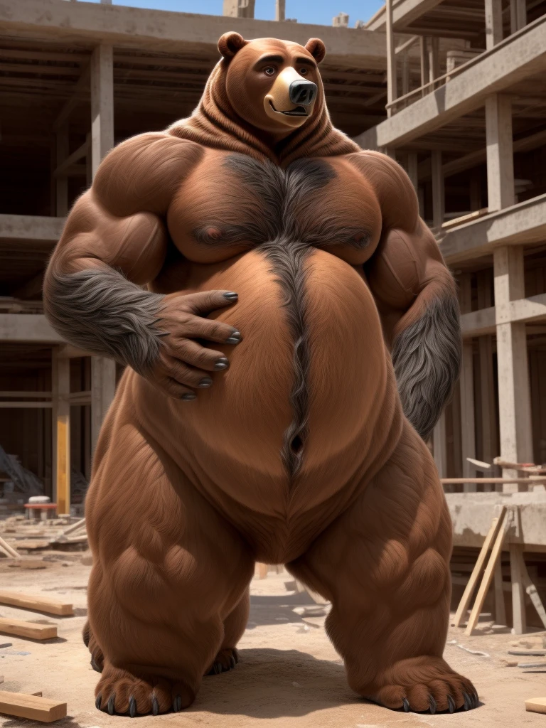 furry, fur taur, beartaur, middle-age, solo, detailed face, bear ears, bear eyes(brown), bear nose(black), bear mouth, garibaldi beard(grey), mature hair(grey), detailed arms, thick arms, muscular, thick hands(5 fingers), detailed body belly, thick body, muscle belly(white), thick chest, chest hair(grey), detailed taur body, thick taur body, thick bear paws, thick bear tail, full body shot, standing on the construction site