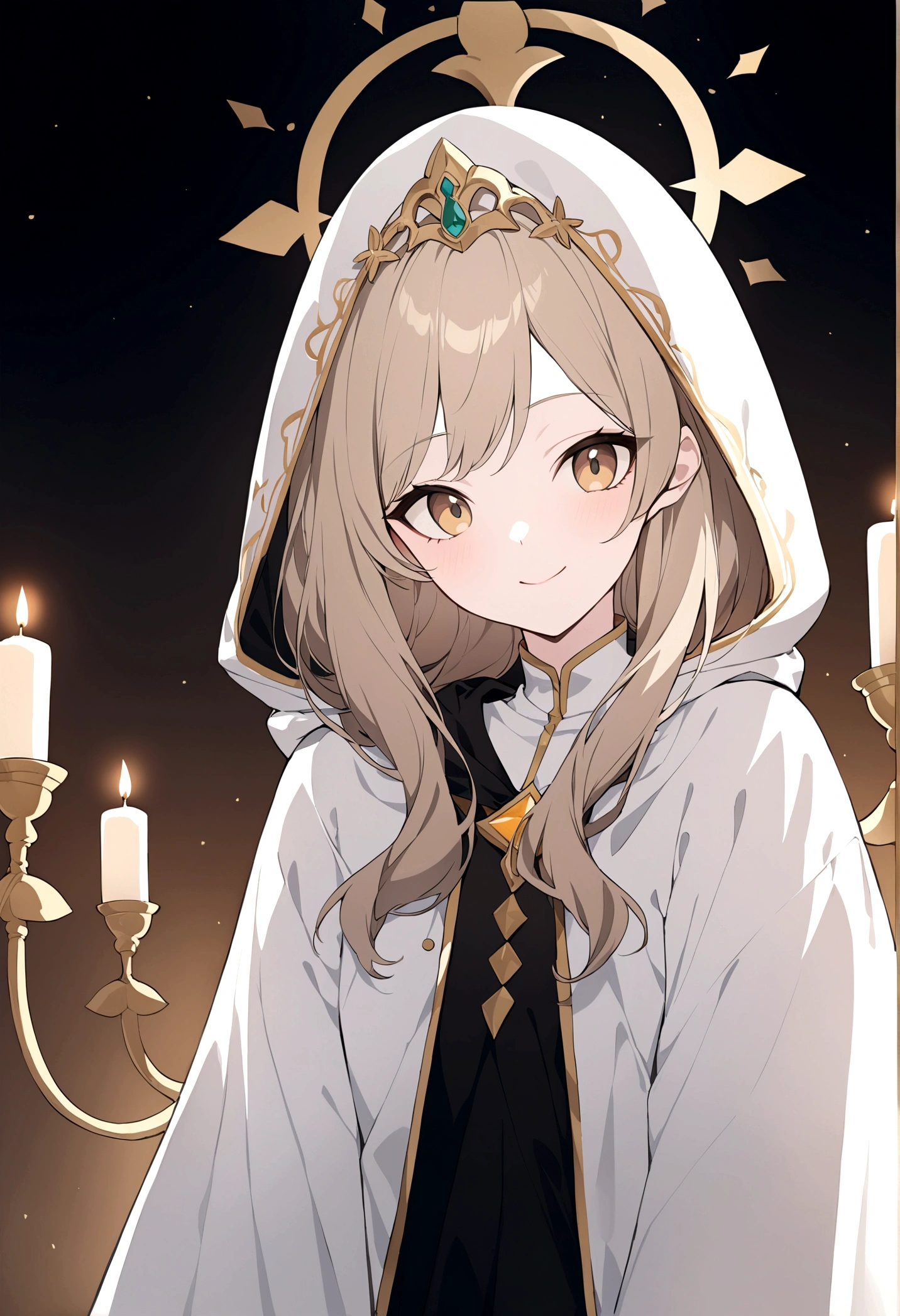 (masterpiece, 32k, 8k) a 17 year old girl, (character looking at the viewer), priestess coat, hood on head, light brown hair, deep golden eyes, (beautiful, heavenly face, cheerful smile 1.5 ), (candlelit hall)
