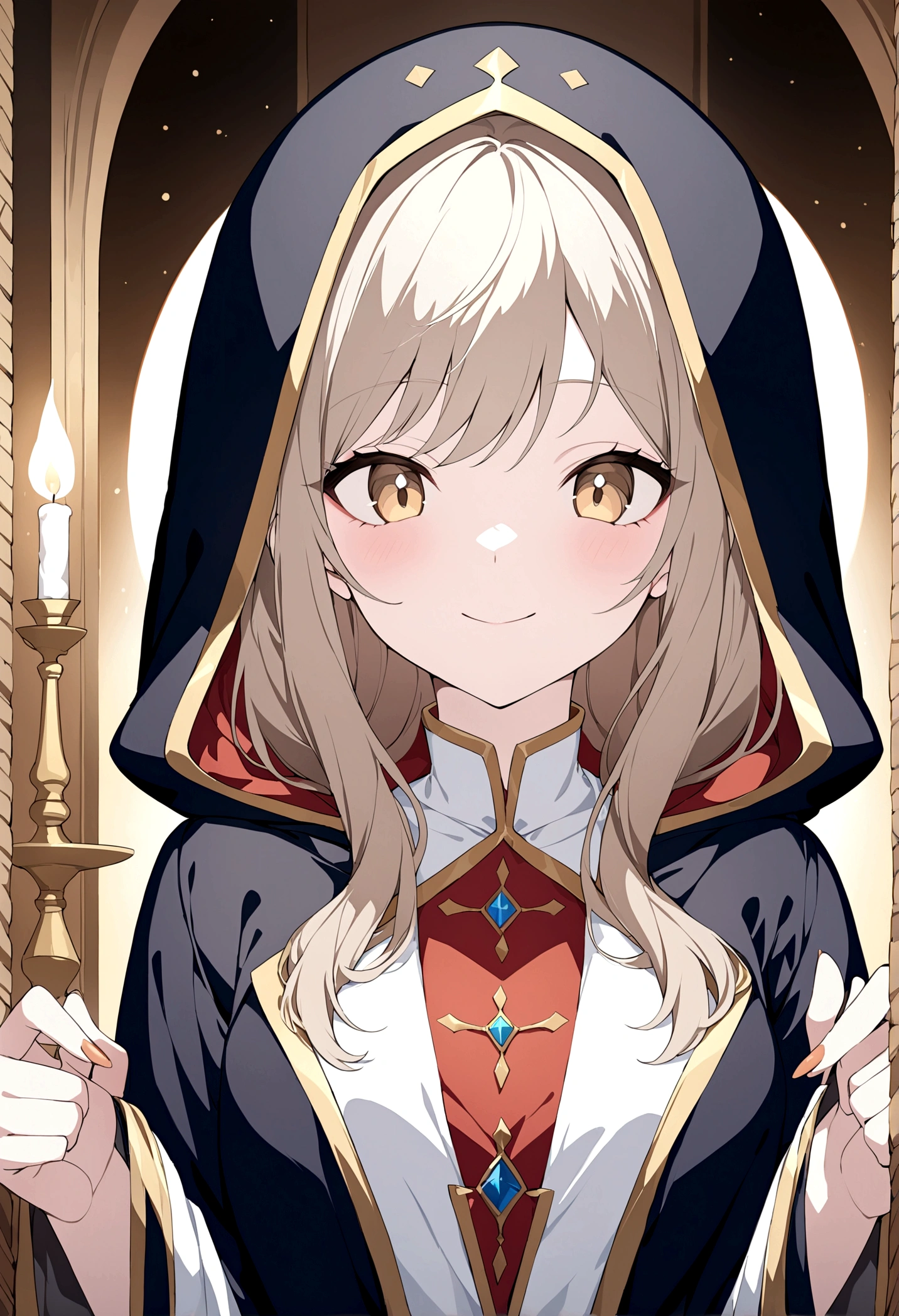 (masterpiece, 32k, 8k) a  girl, (character looking at the viewer), priestess coat, hood on head, light brown hair, deep golden eyes, (beautiful, heavenly face, cheerful smile 1.5 ), (candlelit hall)