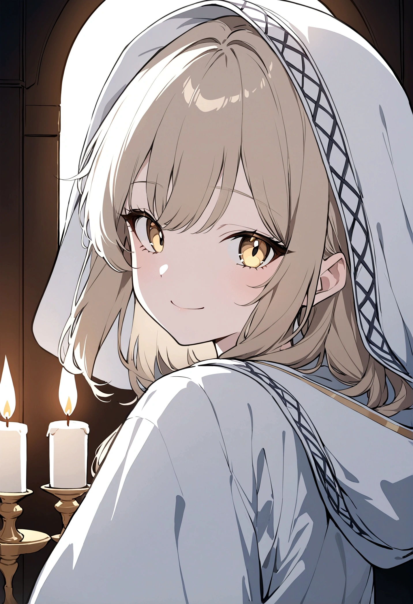 (masterpiece, 32k, 8k) a 17 year old girl, (character looking at the viewer), priestess coat, hood on head, light brown hair, deep golden eyes, (beautiful, heavenly face, cheerful smile 1.5 ), (candlelit hall)