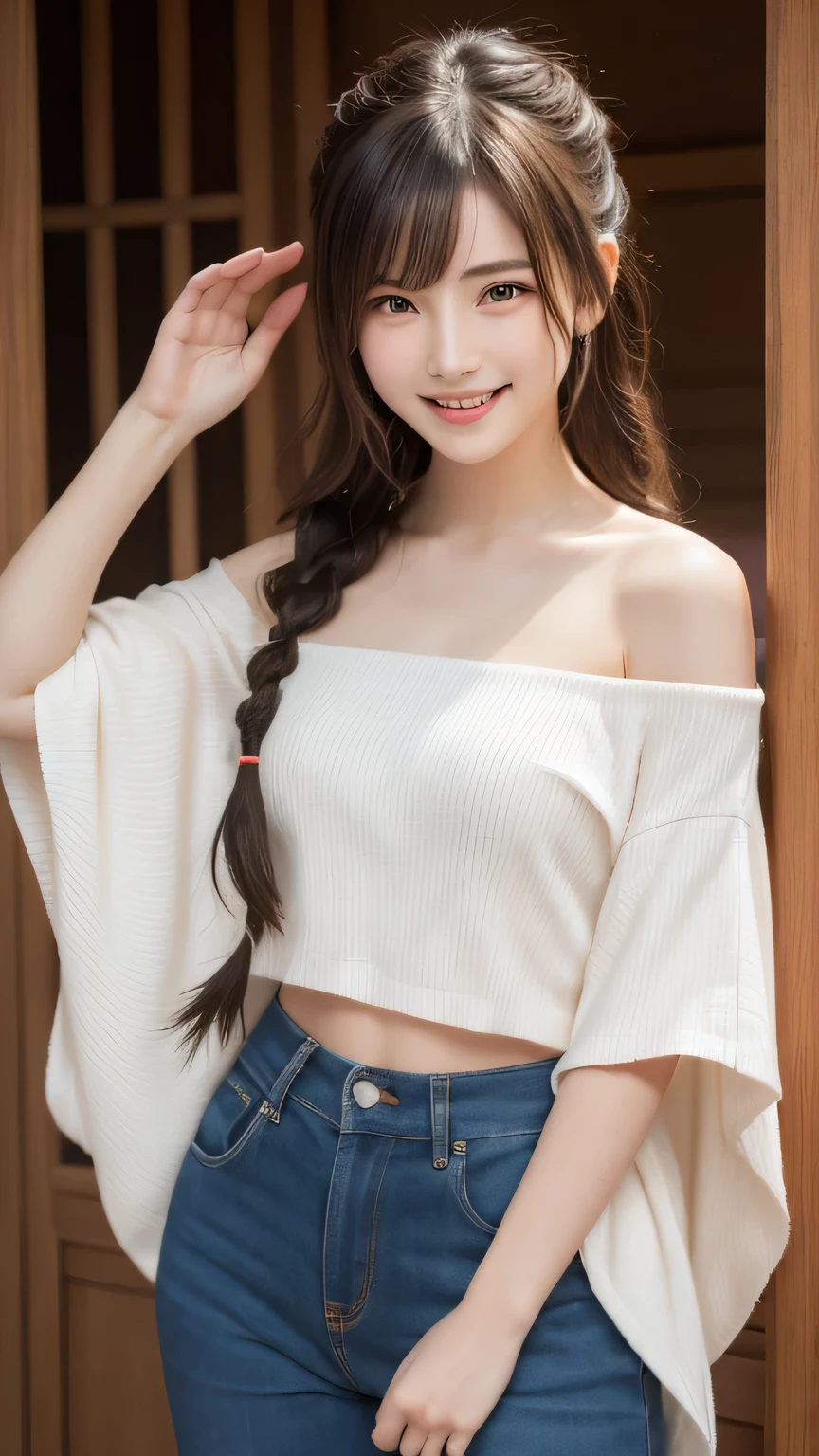 Best picture quality (8K, high resolution, Masterpiece: 1.2), super detailed, 215 Short Hair,Three braids long hair, -yeld wo,
A slender female samurai is brandishing a Japanese sword:1.1, beautifully、aesthetic:1.2, Cute and sexy beauty, Perfect Style, Wear an exquisite ring, fire, water, Wind, thunder, ice, Fair skin, Very beautiful face, (Medium Chest, Chest gap), (Embarrassed smile, Her facial expression when she felt intense caressing, Facial expressions when feeling happy), (Wear Sexy Sengoku:1.1, Off the shoulder)
, random cute pose ,big eyes ,Puffy eyes , Heart Pupil, blush , huge shy smile , salute
