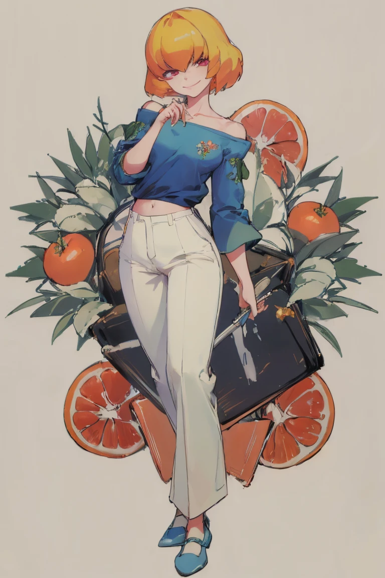 ((Highest quality)), ((masterpiece)), (be familiar with),Clementine,Overload,nsfw,Blue Shirt,No sleeve,Green Embroidery,White shoes,Fascinating,Black pants,Bewitching Smile,whole body