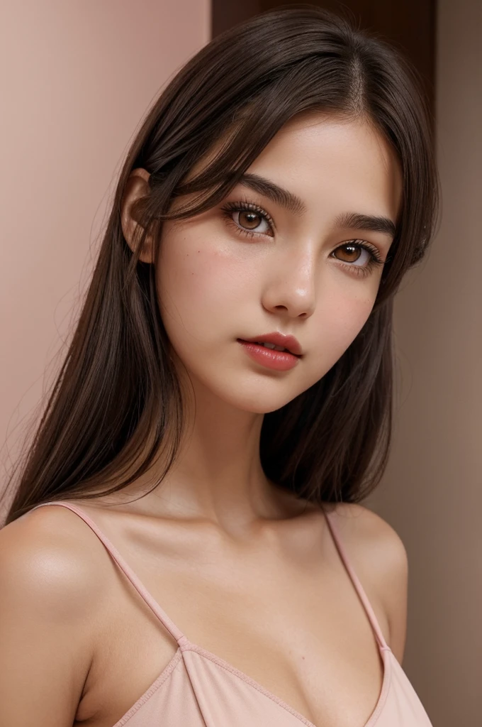 Girl with dark brown hair, her hair reaches below her shoulders with the wolf cut., brown eyes with long eyelashes, medium thick pink and red lips, a mole on the cheek, Mole under the lower lip, 3 triangle-shaped moles on the chest, tez blanca, half red cheeks, slim. Young without being out and without necklines. anime style