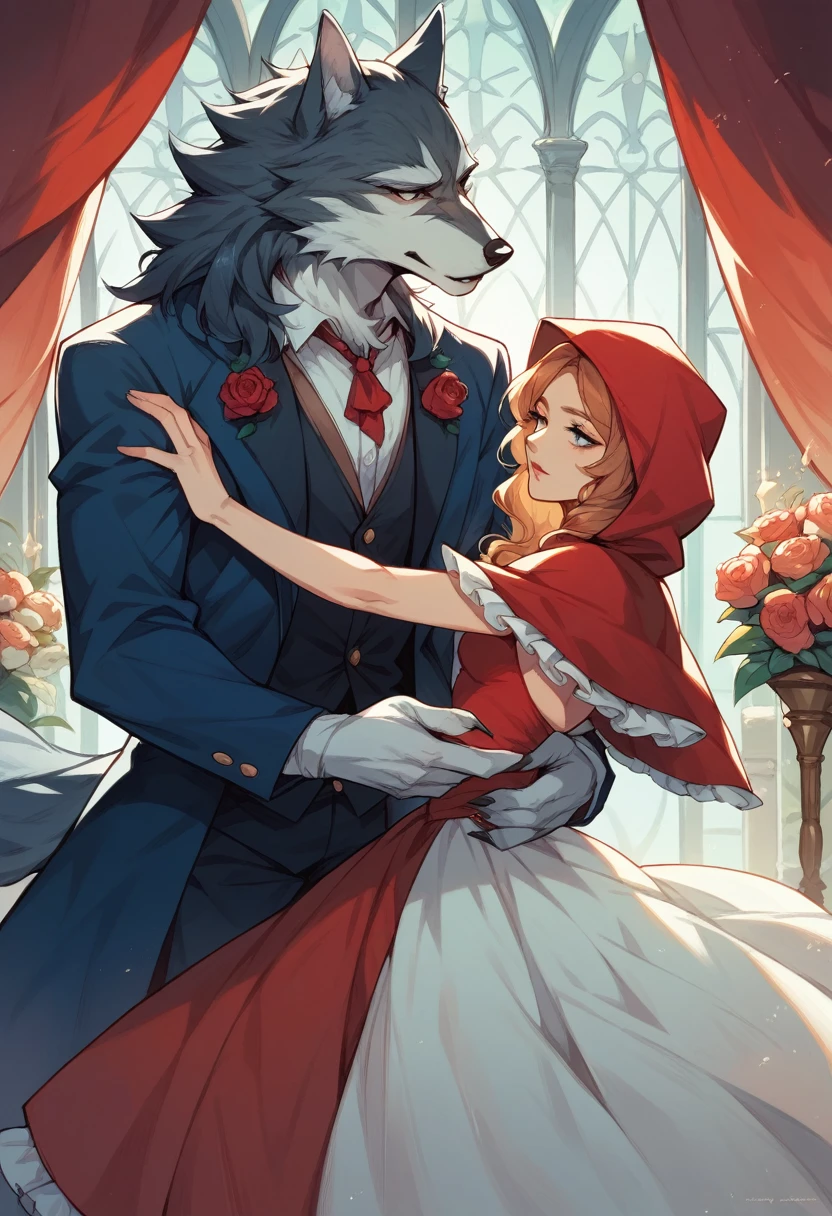 cover_page, Fairy tale wedding. Red Riding Hood, wolf man , elegant gown, hunter sharp suit, romantic, lavish decorations, ceremony, beauty and the beast, 