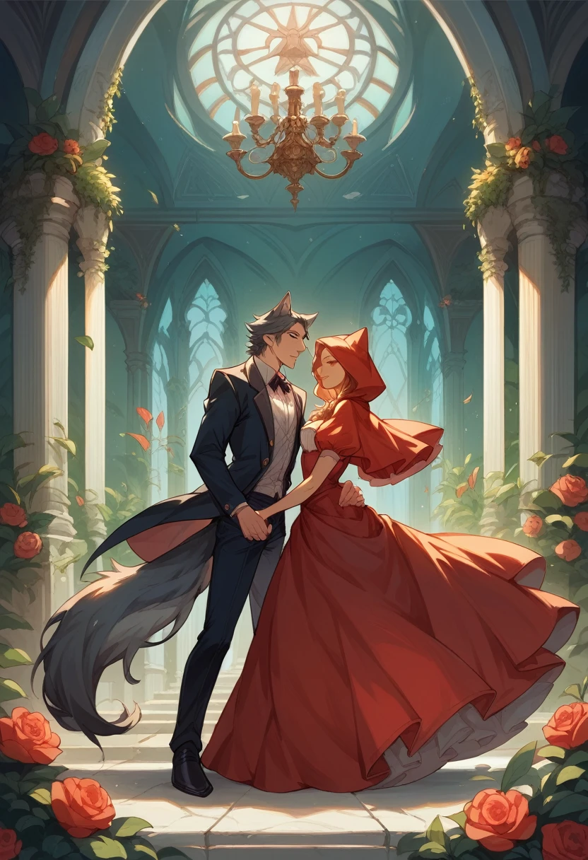 cover_page, Fairy tale wedding. Red Riding Hood, wolf man , elegant gown, hunter sharp suit, romantic, lavish decorations, ceremony, beauty and the beast, 