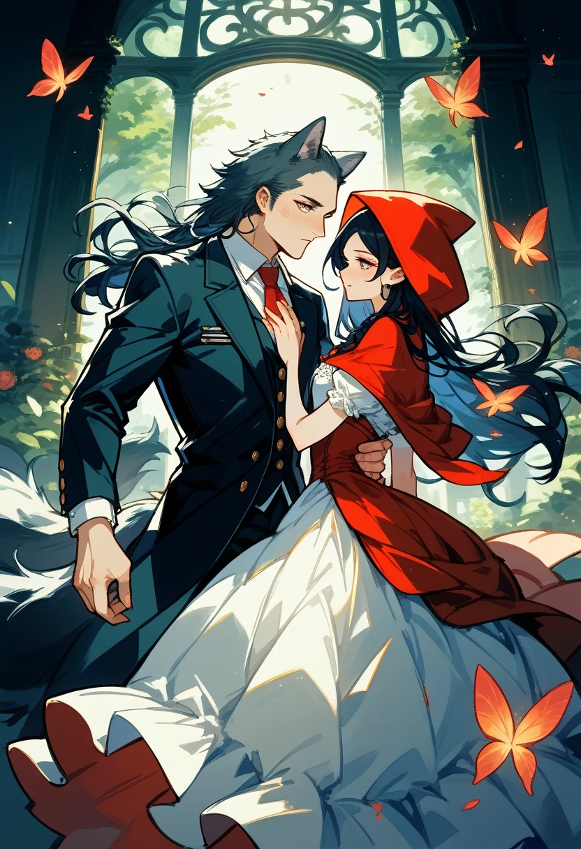 cover_page, Fairy tale wedding. Red Riding Hood, wolf man , elegant gown, hunter sharp suit, romantic, lavish decorations, ceremony, beauty and the beast,